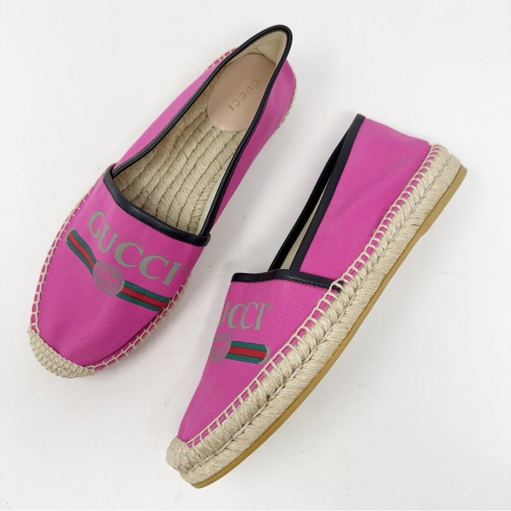 Gucci Canvas Logo Web Stripe Espadrille Flats Pink Womens Size EU 40